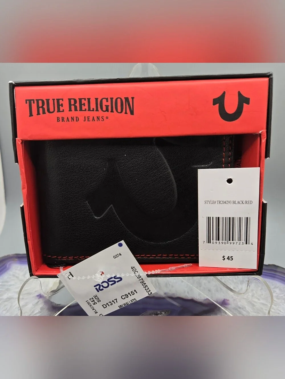 True Religion Black Leather Wallet w/ Red Stitching & Lining NWT